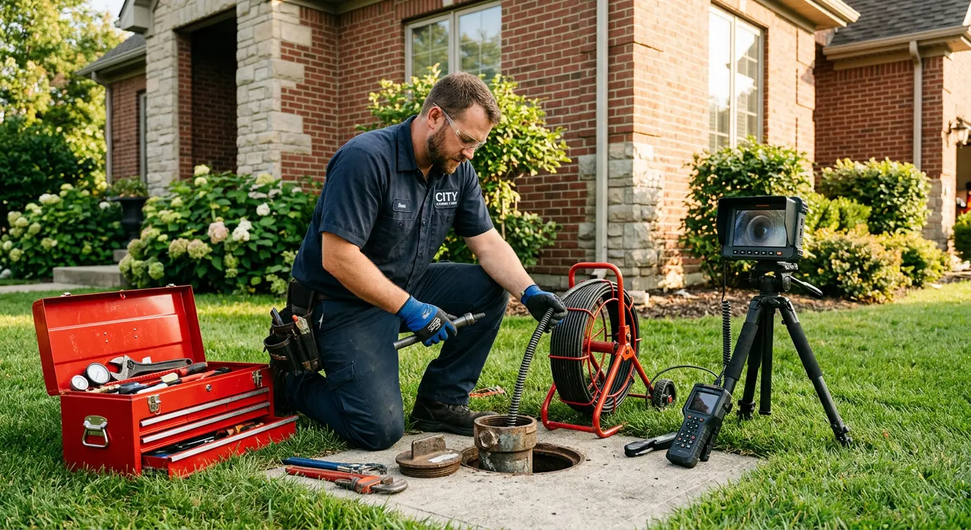 Sewer specialist with camera equipment servicing a cleanout in Derby