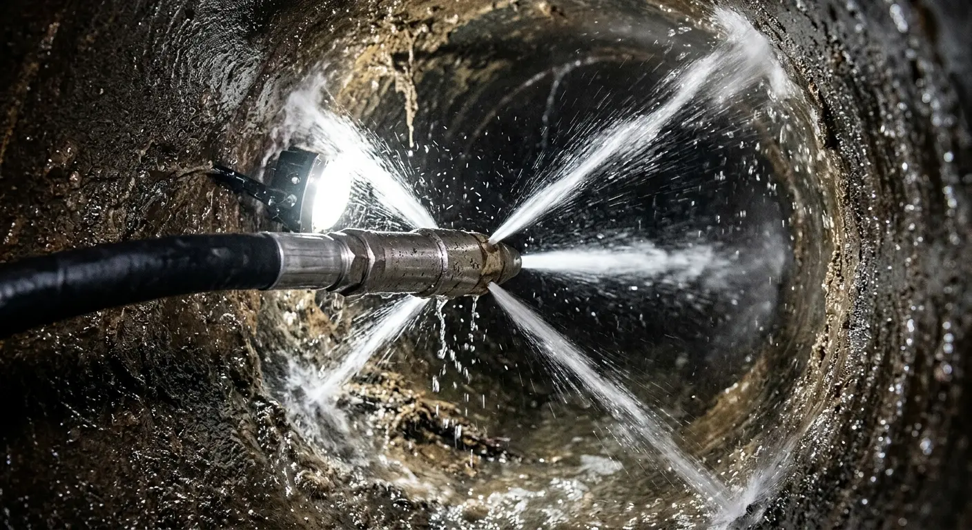 High-pressure hydro jetting nozzle cleaning sewer pipe for Emergency Drain Service in Derby