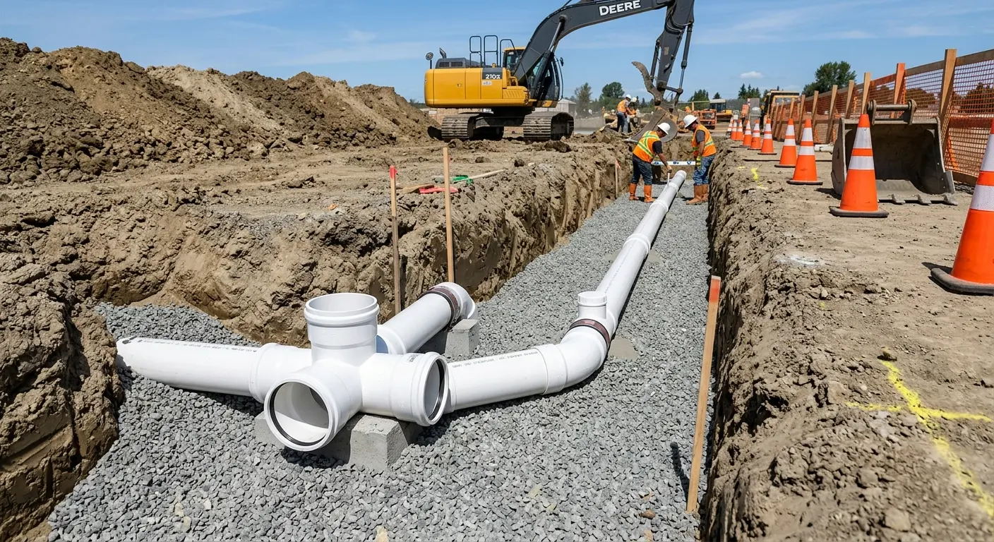 New PVC sewer pipe installation in open trench for Sewer Backup in Derby