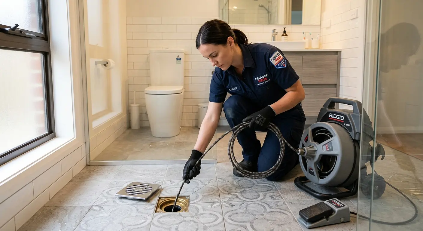 Technician clearing a bathroom floor drain for Sewer Line Installation in Derby